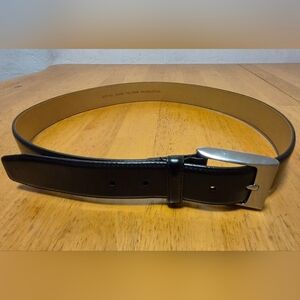 Black and Tan Leather Belt with Silver Buckle